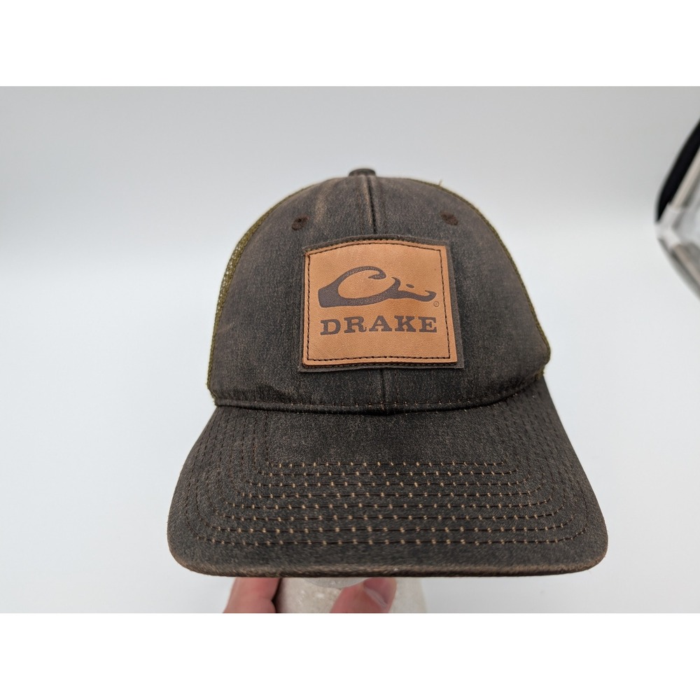 Drake Waterfowl Systems Trucker Hat Brown Olive Leather Patch Snapback Cap OSFM